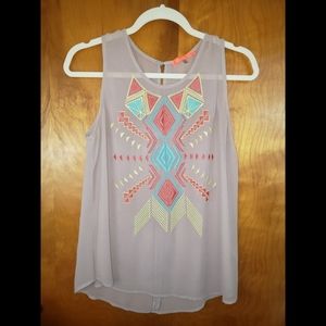 Lulumari Sheer Tank Top with Neon Aztec Embroidered Print